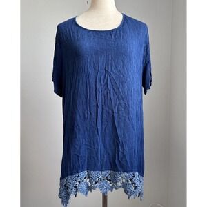 Anthony Richards Blue Tunic Top XL Crochet Lace Hem Boho Summer Resort Wear‎